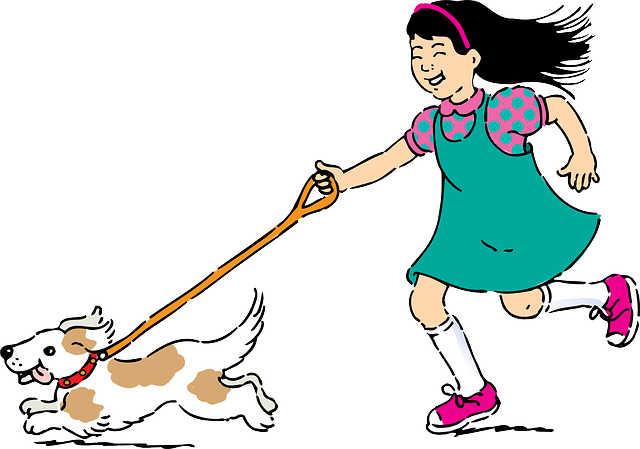 犬と一緒に散歩している少女のイラスト